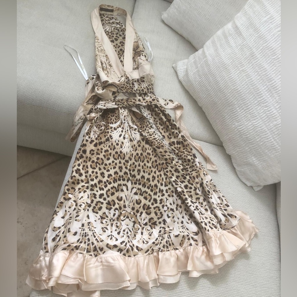 Roberto Cavalli halter cheetah silk/satin dress. Made in Italy. Size 46